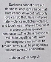 This picture is a shot of text by Martin Luther King about how only light will drive out darkness, and that hate will not end hate.